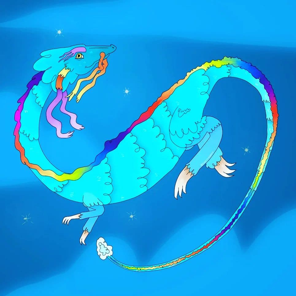 An illustration of a blue dragon flying through the sky