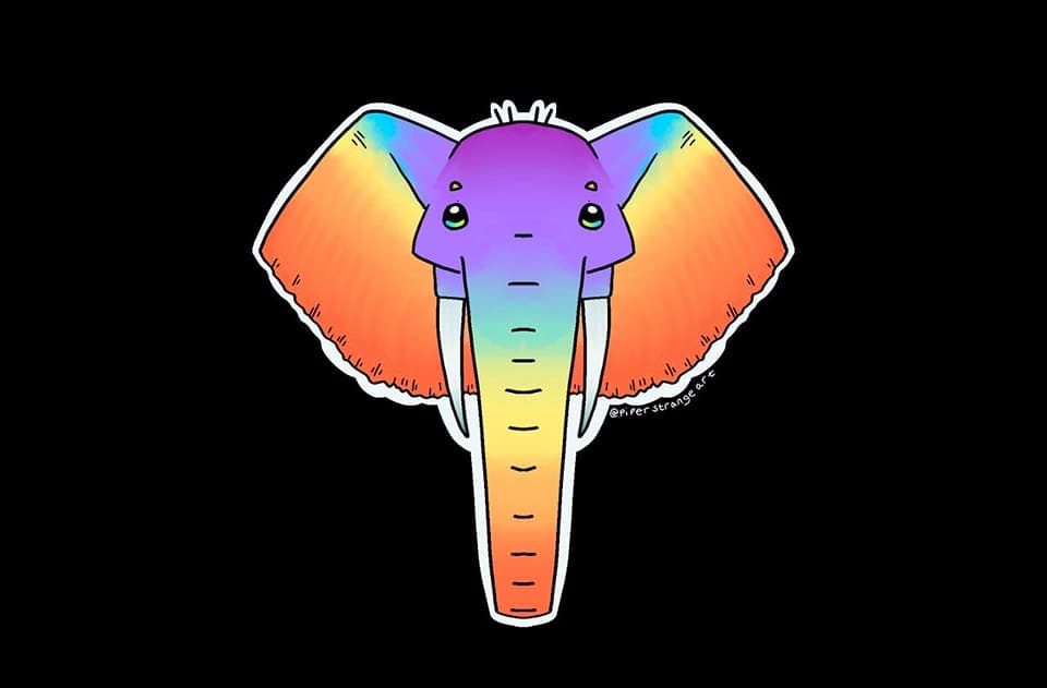 An illustration of an elephant painted in tie dye colours