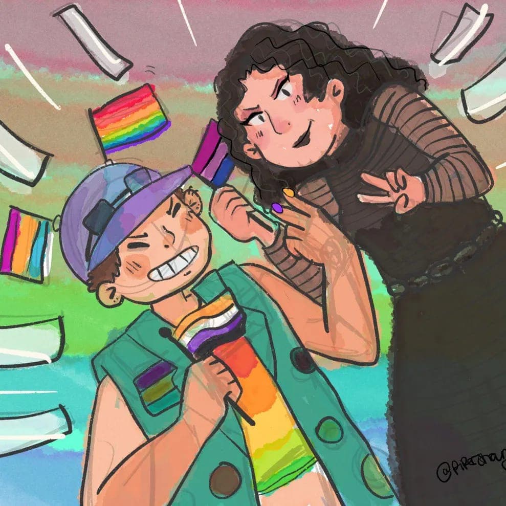 An illustration of two trans people looking happy