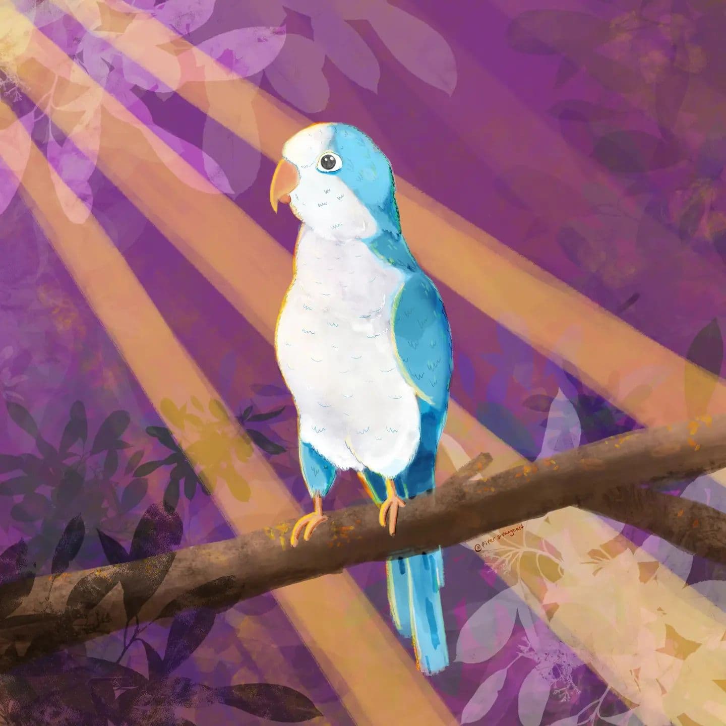 An illustration of a blue parrot in the rainforest