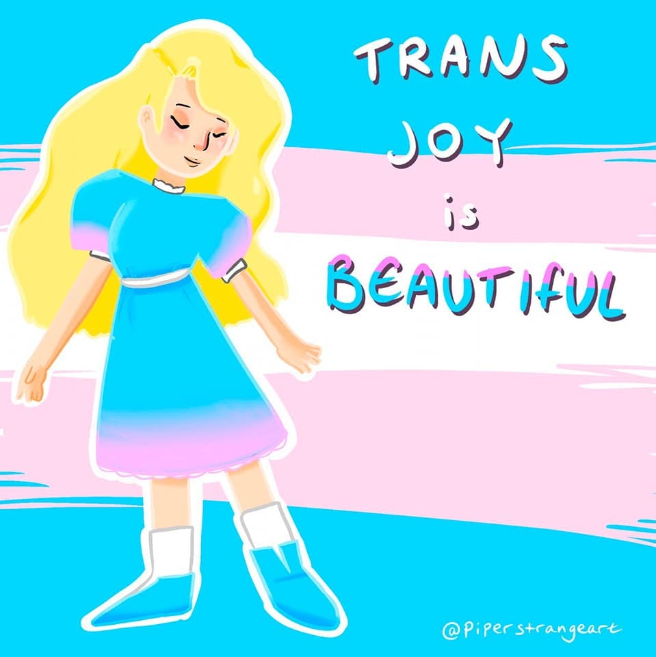 An illustration of a woman standing beside some text that says 'Trans is beautiful'